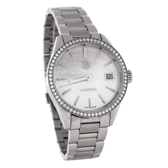 Auth Tag Heuer Carrera Quartz Watch with Diamond Bezel and Mother of Pearl 32 - Picture 5 of 5